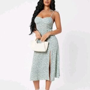 Green midi high slit floral summer dress